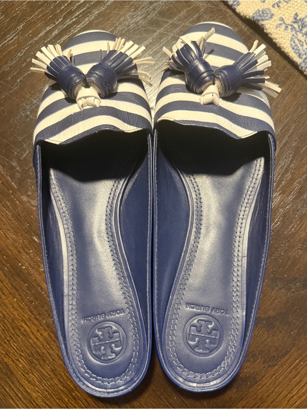 Tory Burch Blue White Striped Leather Tassel Slip-On Mule Flats, Size 7 - Picture 2 of 5